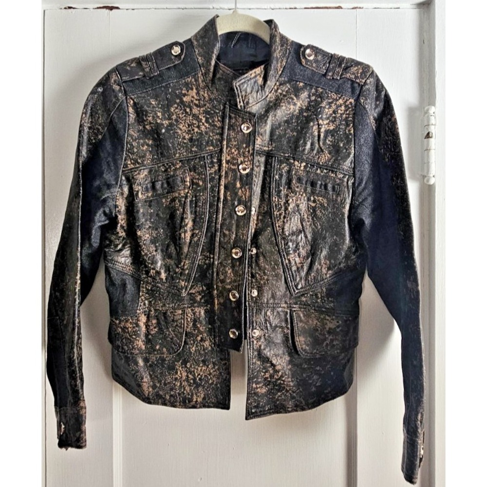 H & D Classic leather collection leather denim moto jacket snap button woman S